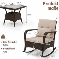 3-Teiliges Gartenmöbel-Set 2 Rattan Schaukelstühlen mit Glastisch Outdoor Sitzgruppe mit Metallrahmen