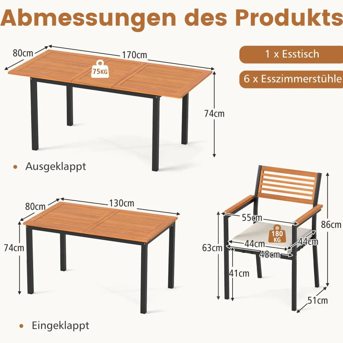 7-Teiliges Gartenmöbel Set Sitzgruppe für 6 Personen Terrassenmöbel Set aus Akazienholz mit 6 Gartenstühlen