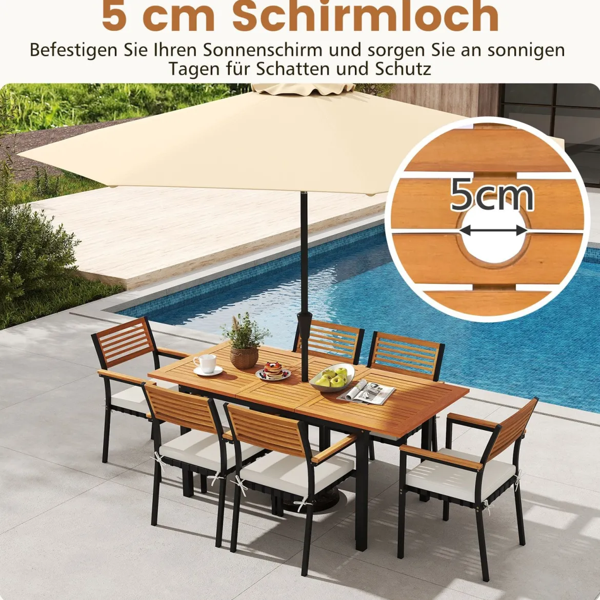 7-Teiliges Gartenmöbel Set Sitzgruppe für 6 Personen Terrassenmöbel Set aus Akazienholz mit 6 Gartenstühlen