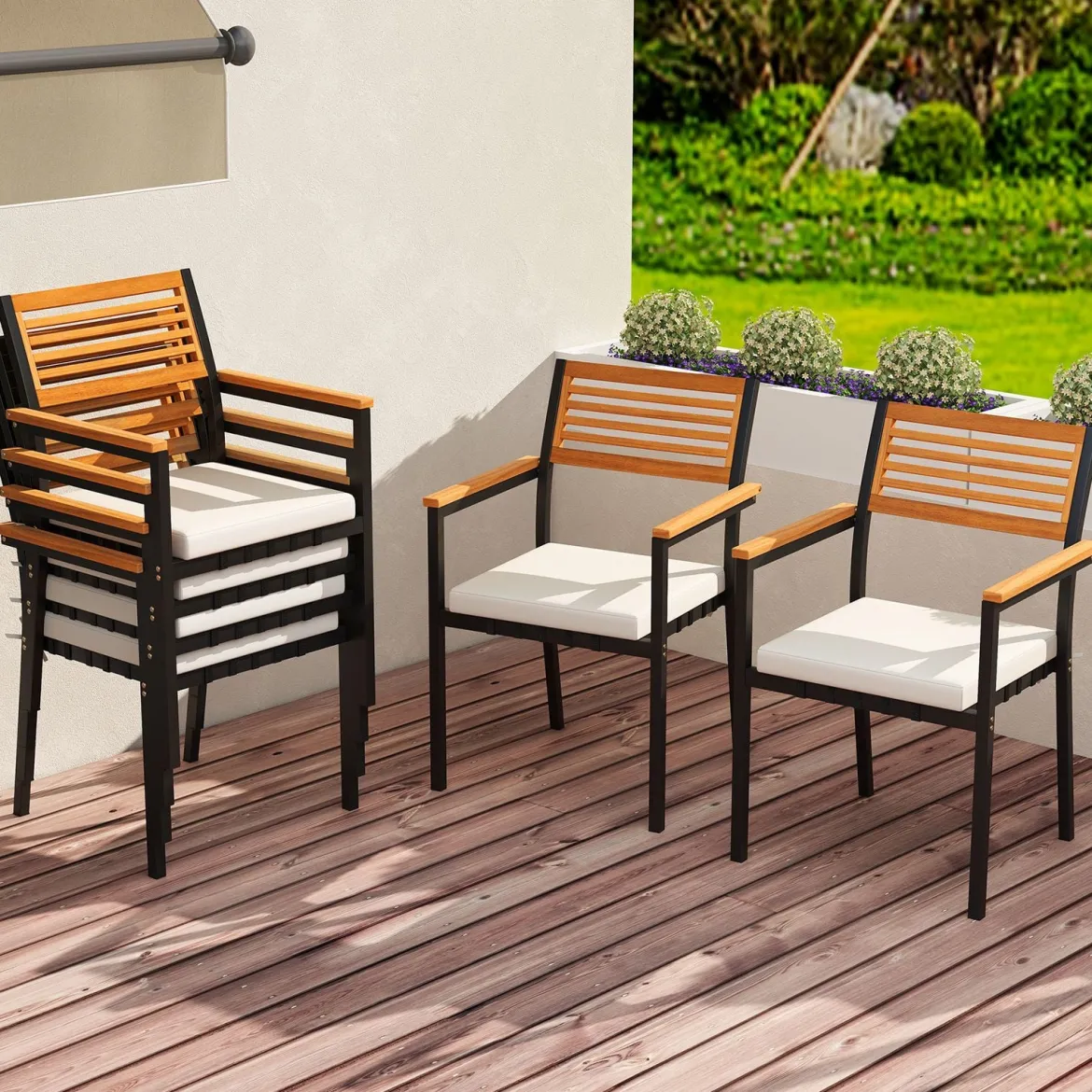 7-Teiliges Gartenmöbel Set Sitzgruppe für 6 Personen Terrassenmöbel Set aus Akazienholz mit 6 Gartenstühlen