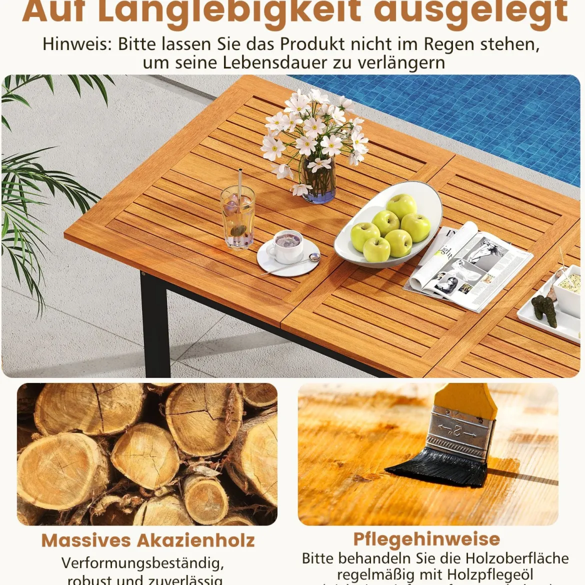 7-Teiliges Gartenmöbel Set Sitzgruppe für 6 Personen Terrassenmöbel Set aus Akazienholz mit 6 Gartenstühlen