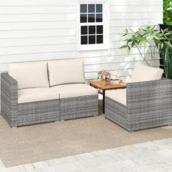 3-teiliges Gartensofa Set Lounge Sofa 3 Sitzer aus PE Rattan Modulares Sofa mit weichen Kissen Weiß