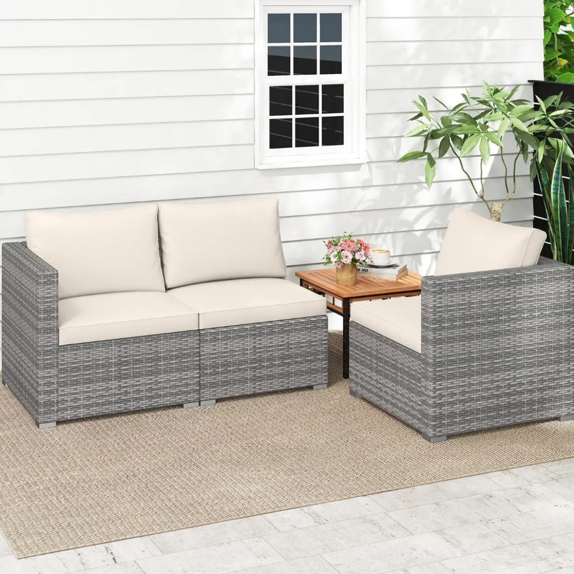 3-teiliges Gartensofa Set Lounge Sofa 3 Sitzer aus PE Rattan Modulares Sofa mit weichen Kissen Weiß