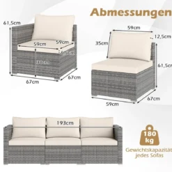 3-teiliges Gartensofa Set Lounge Sofa 3 Sitzer aus PE Rattan Modulares Sofa mit weichen Kissen Weiß