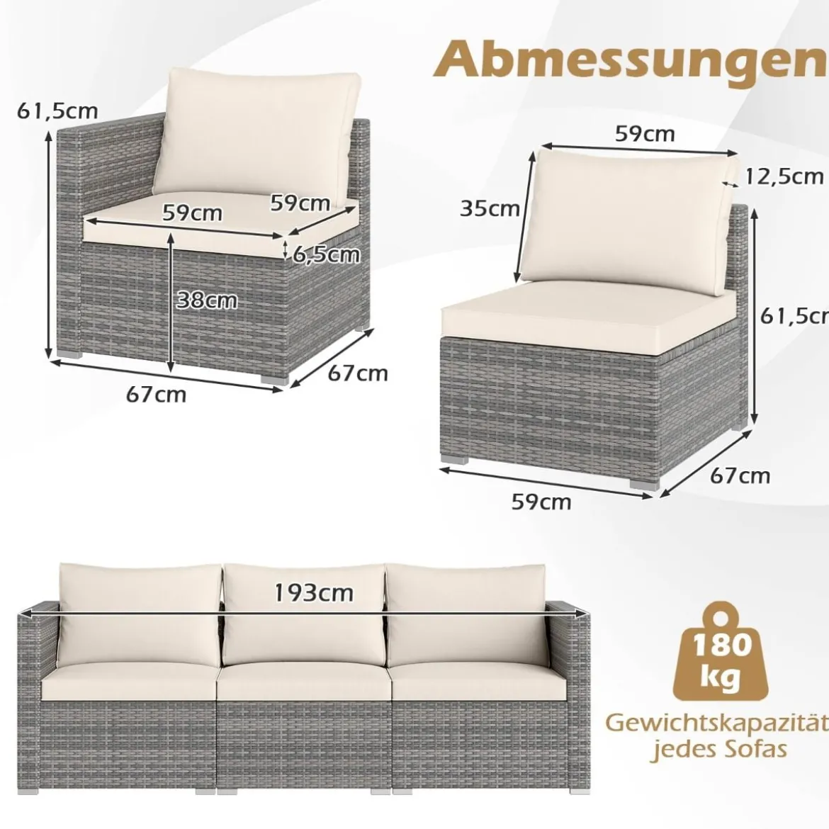 3-teiliges Gartensofa Set Lounge Sofa 3 Sitzer aus PE Rattan Modulares Sofa mit weichen Kissen Weiß
