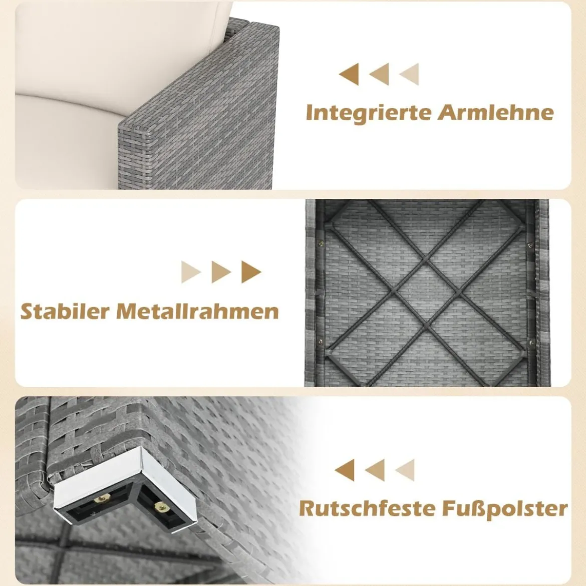 3-teiliges Gartensofa Set Lounge Sofa 3 Sitzer aus PE Rattan Modulares Sofa mit weichen Kissen Weiß