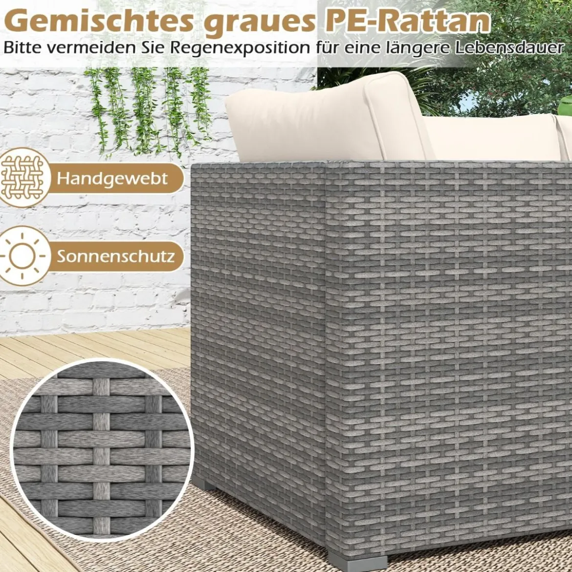 3-teiliges Gartensofa Set Lounge Sofa 3 Sitzer aus PE Rattan Modulares Sofa mit weichen Kissen Weiß