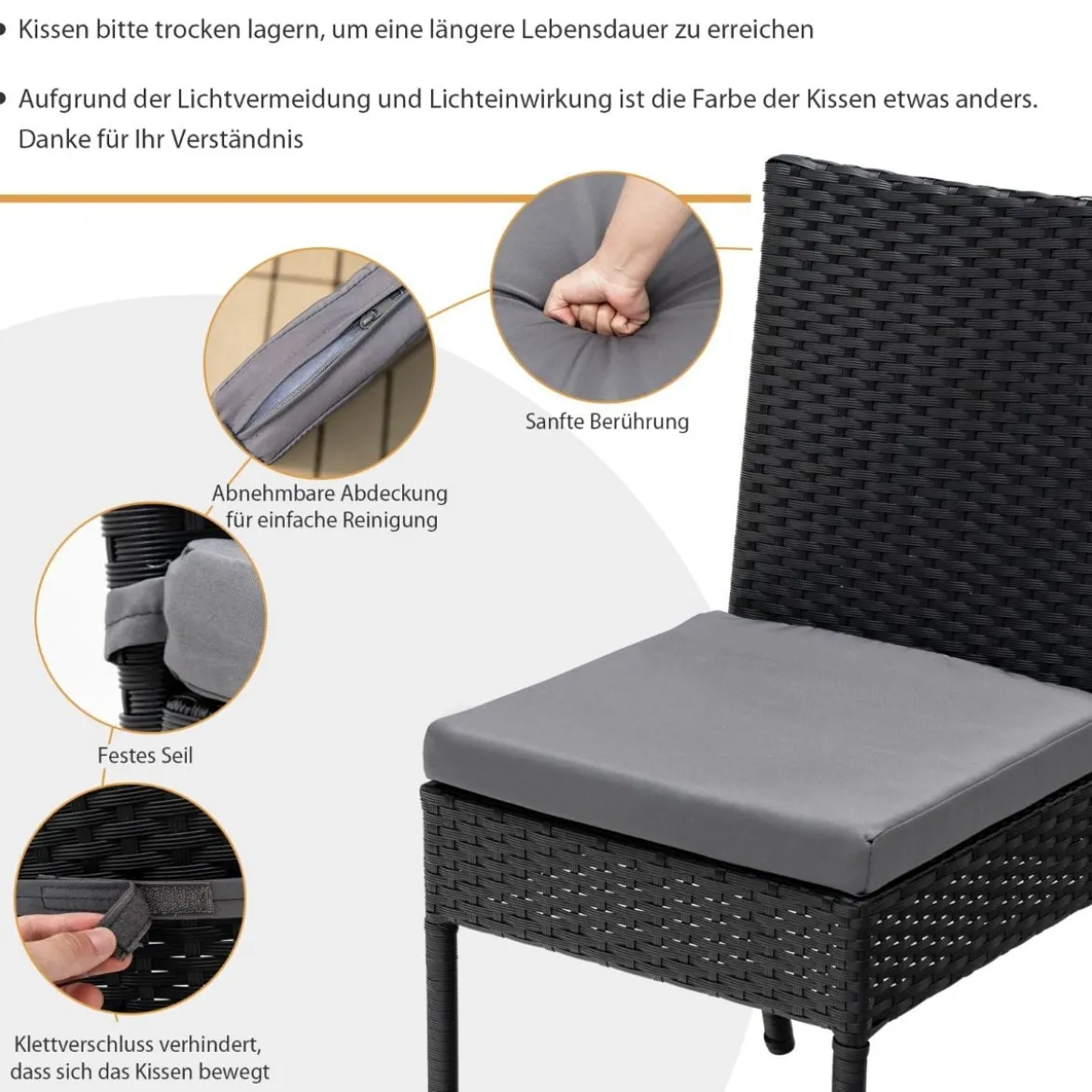 2-teiliges Gartenstühle Terrassenstühle mit weichen Kissen Rattansessel bis 150 kg Schwarz