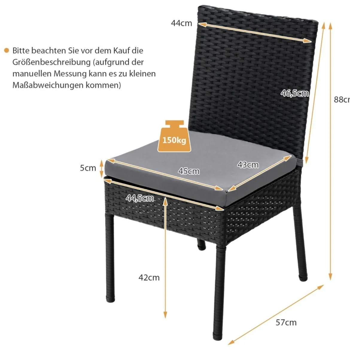 2-teiliges Gartenstühle Terrassenstühle mit weichen Kissen Rattansessel bis 150 kg Schwarz