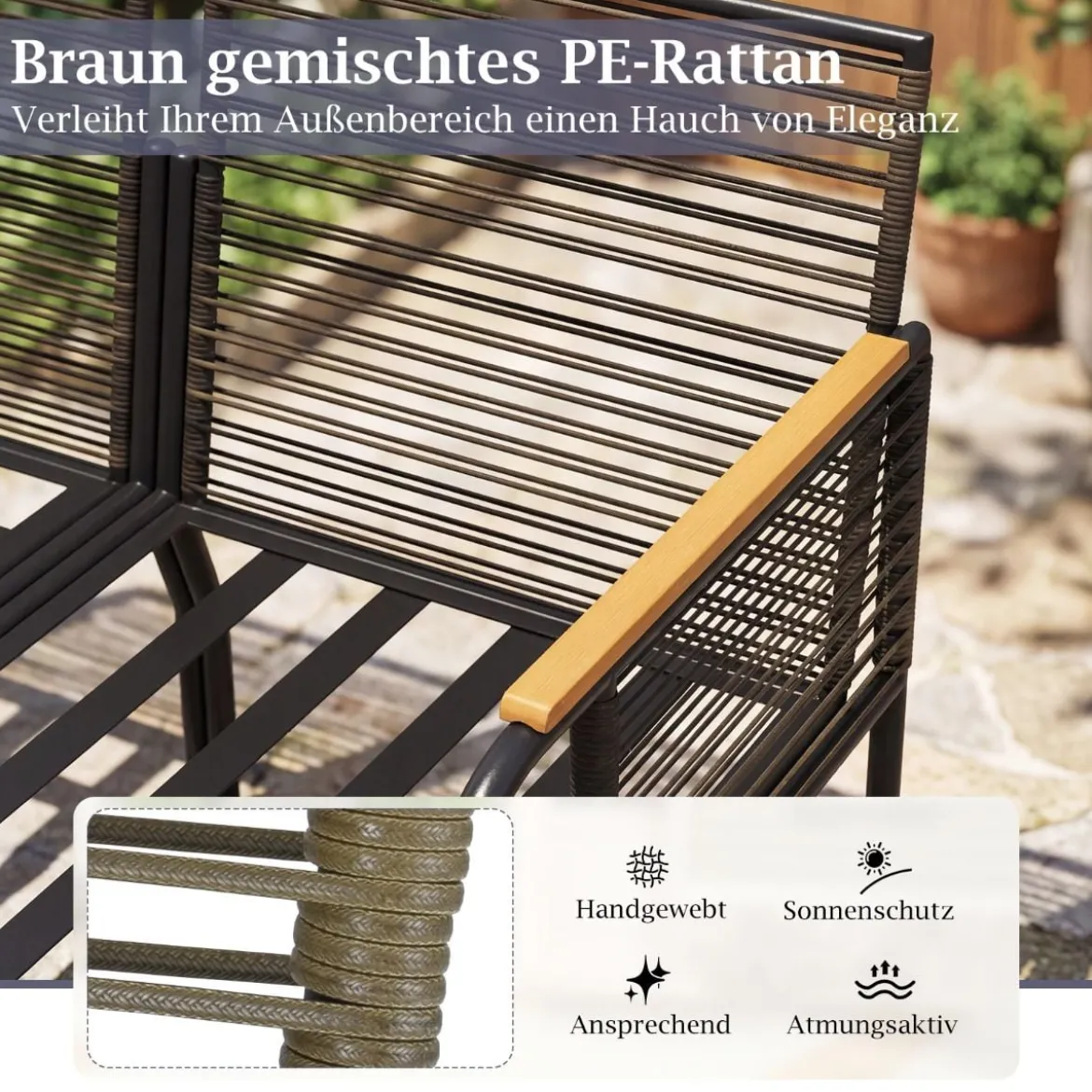 3-teiliges Geflecht-Möbelset Outdoor L-förmiges Sofa mit Kissen & Sicherheitsglas-Beistelltisch Grau