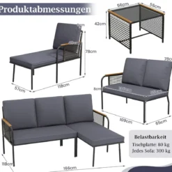 3-teiliges Geflecht-Möbelset Outdoor L-förmiges Sofa mit Kissen & Sicherheitsglas-Beistelltisch Grau