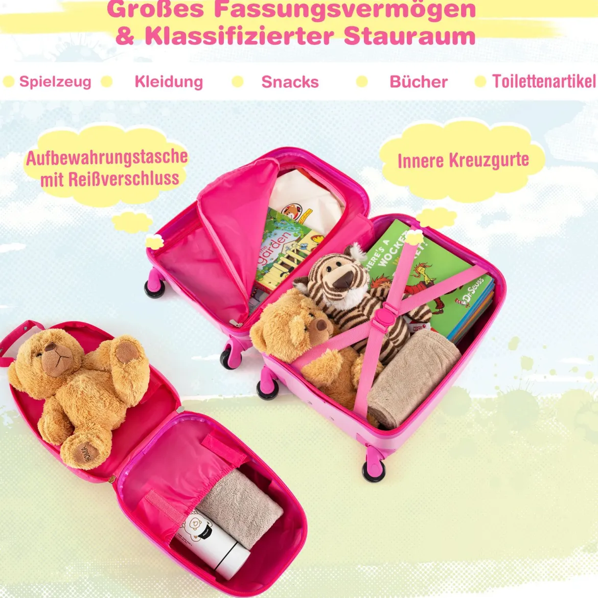 2-teiliges Handgepäck-Set mit Spinner-Rädern rollender Hartschalen-Koffer und Rucksack Rosa Einhorn 12"+16"