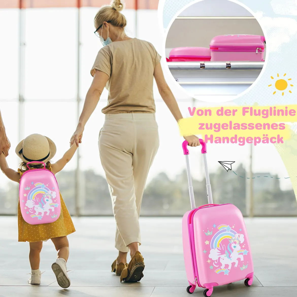 2-teiliges Handgepäck-Set mit Spinner-Rädern rollender Hartschalen-Koffer und Rucksack Rosa Einhorn 12"+16"
