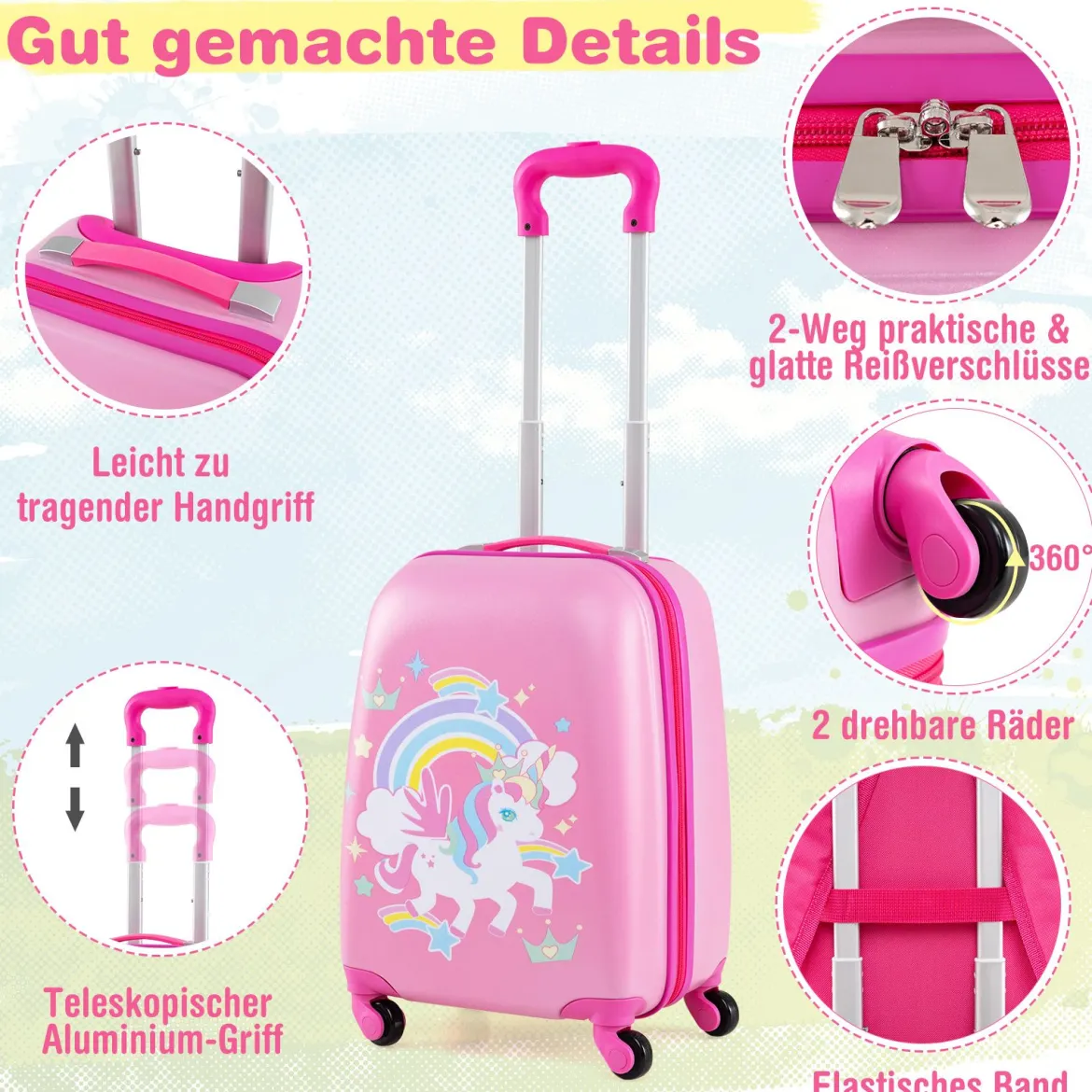 2-teiliges Handgepäck-Set mit Spinner-Rädern rollender Hartschalen-Koffer und Rucksack Rosa Einhorn 12"+16"