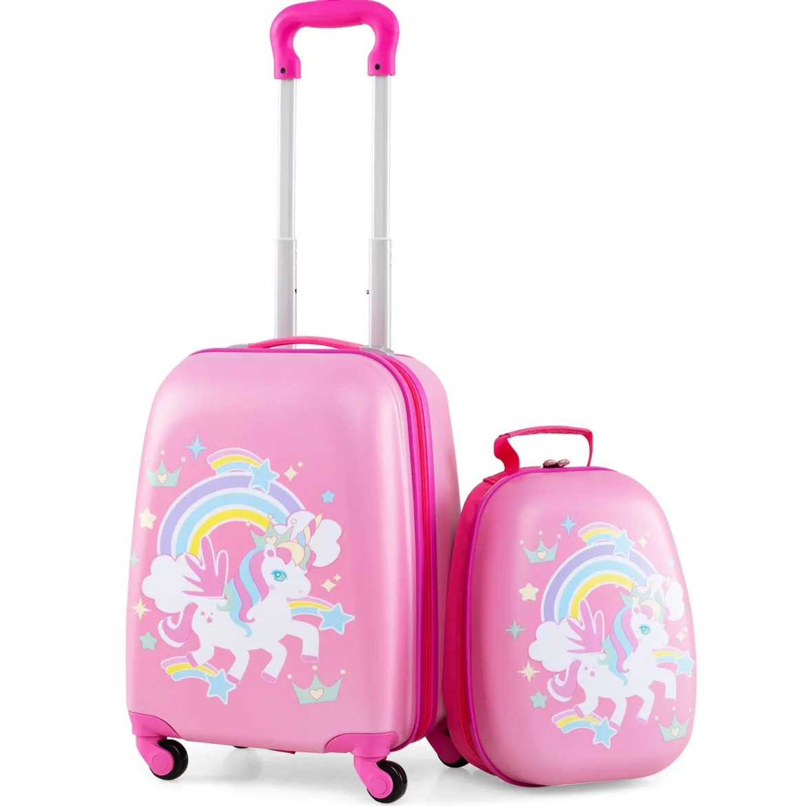 2-teiliges Handgepäck-Set mit Spinner-Rädern rollender Hartschalen-Koffer und Rucksack Rosa Einhorn 12"+16"
