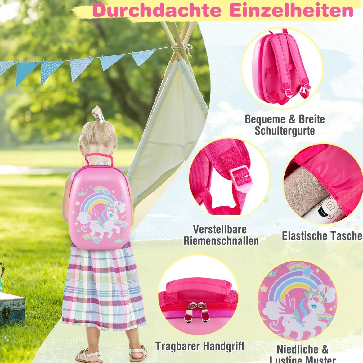 2-teiliges Handgepäck-Set mit Spinner-Rädern rollender Hartschalen-Koffer und Rucksack Rosa Einhorn 12"+16"