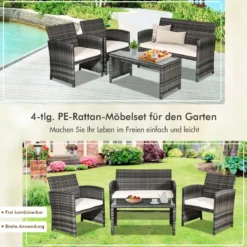 4-teiliges Handgewebtes PE-Rattan-Patio-Möbelset Outdoor-Konversations-Set Schwarz