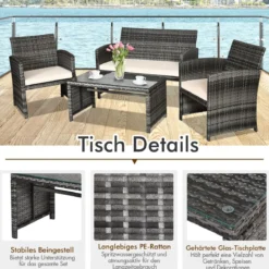 4-teiliges Handgewebtes PE-Rattan-Patio-Möbelset Outdoor-Konversations-Set Schwarz