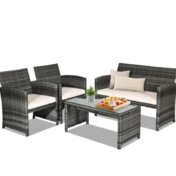 4-teiliges Handgewebtes PE-Rattan-Patio-Möbelset Outdoor-Konversations-Set Schwarz