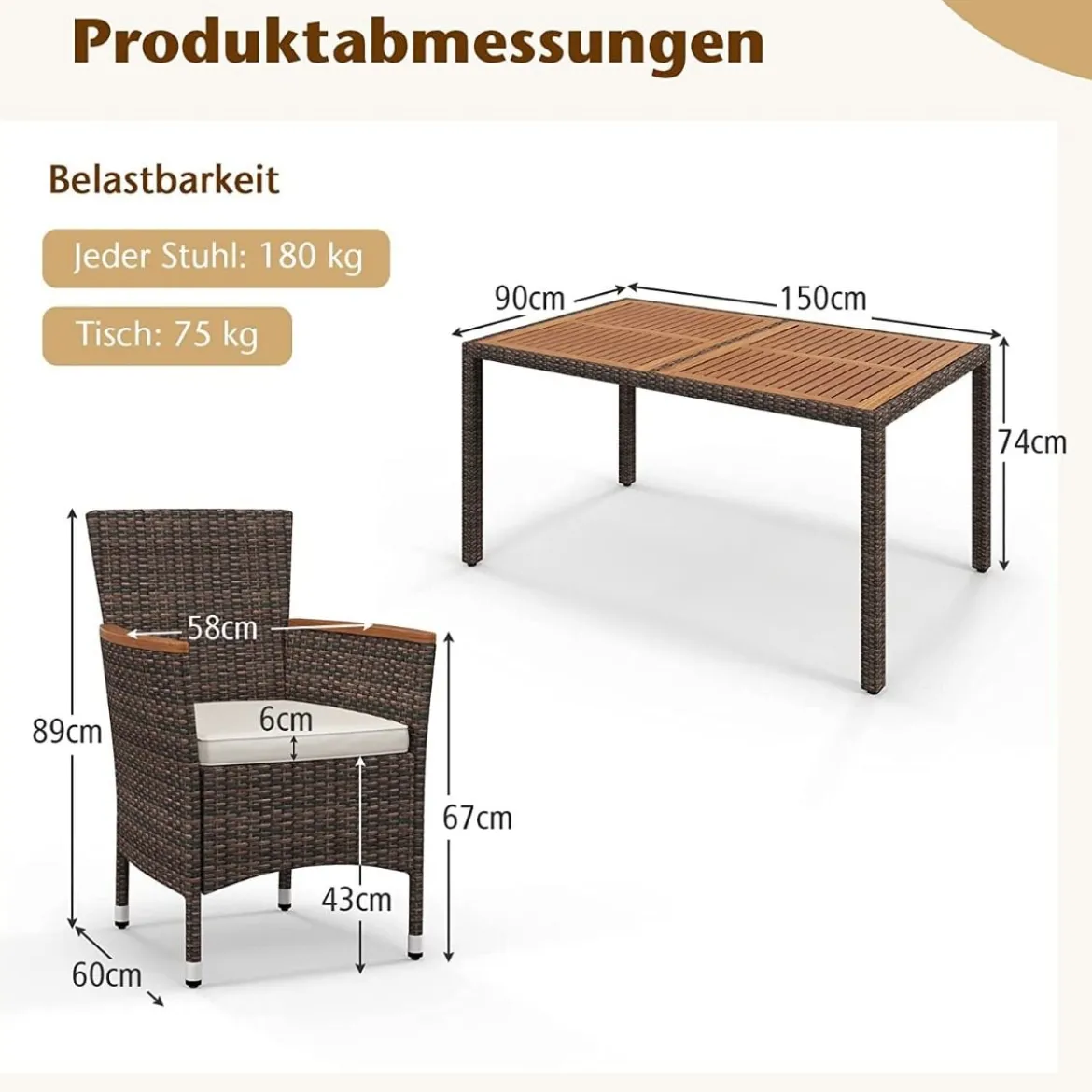 7-teilige Sitzgarnitur mit Tischplatte aus Akazienholz & Stapelbaren Stühlen Braun