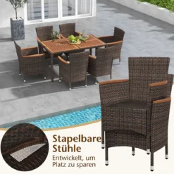 7-teilige Sitzgarnitur mit Tischplatte aus Akazienholz & Stapelbaren Stühlen Braun