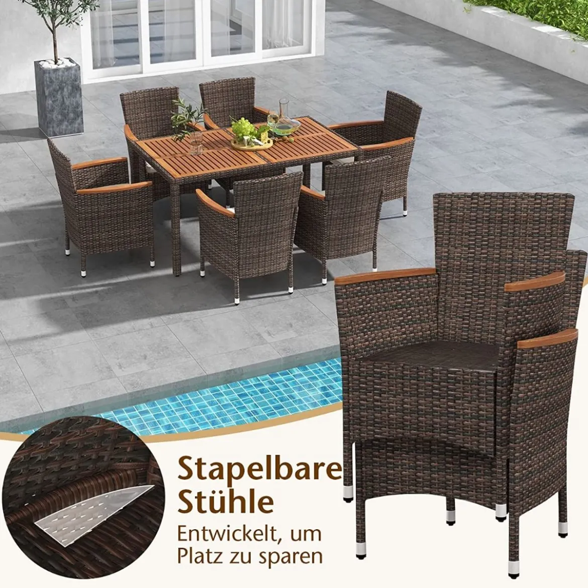 7-teilige Sitzgarnitur mit Tischplatte aus Akazienholz & Stapelbaren Stühlen Braun