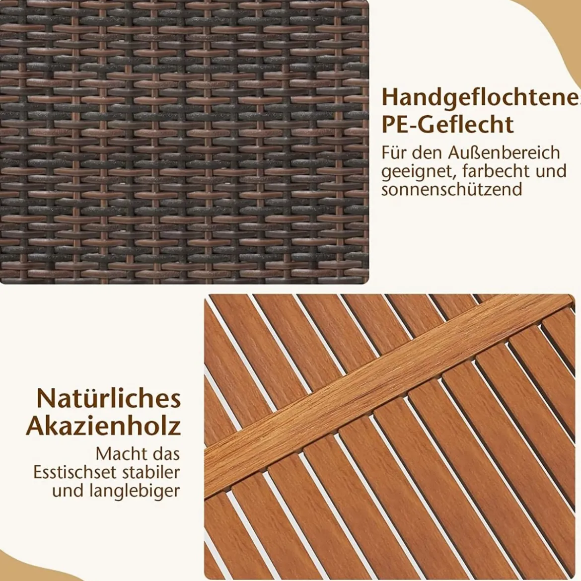 7-teilige Sitzgarnitur mit Tischplatte aus Akazienholz & Stapelbaren Stühlen Braun