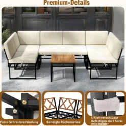 6-teilige Sitzgruppe Outdoor Gartensofa mit Metallrahmen Kissen & Bungee-Seil Sitz Beige
