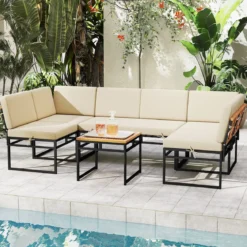 6-teilige Sitzgruppe Outdoor Gartensofa mit Metallrahmen Kissen & Bungee-Seil Sitz Beige
