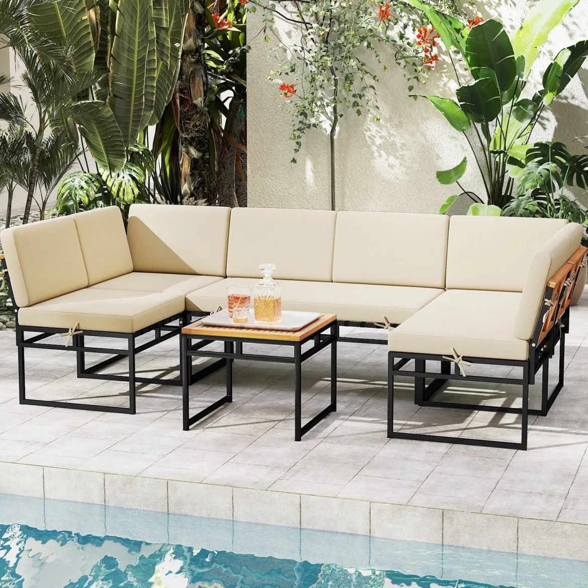 6-teilige Sitzgruppe Outdoor Gartensofa mit Metallrahmen Kissen & Bungee-Seil Sitz Beige