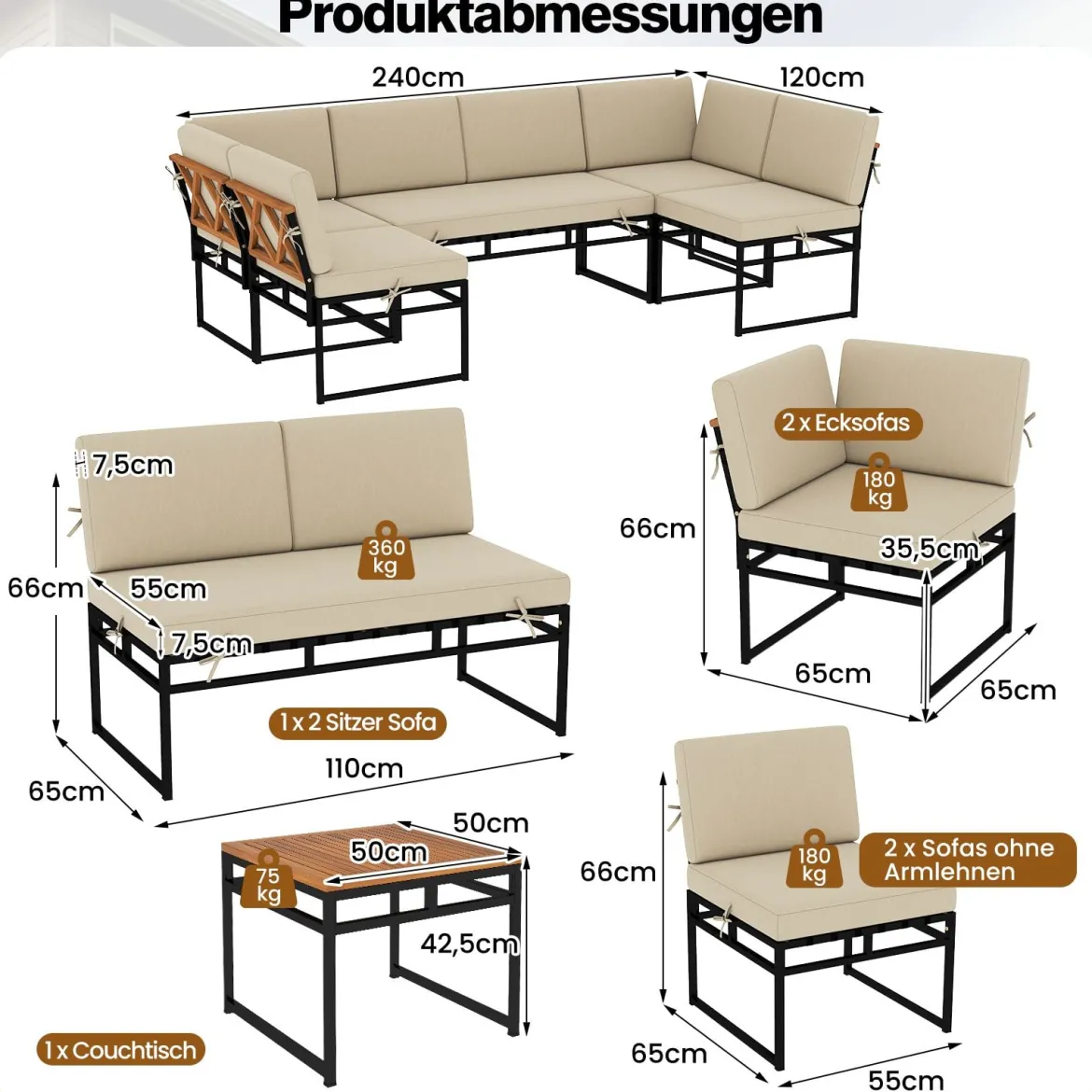 6-teilige Sitzgruppe Outdoor Gartensofa mit Metallrahmen Kissen & Bungee-Seil Sitz Beige