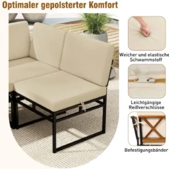 6-teilige Sitzgruppe Outdoor Gartensofa mit Metallrahmen Kissen & Bungee-Seil Sitz Beige