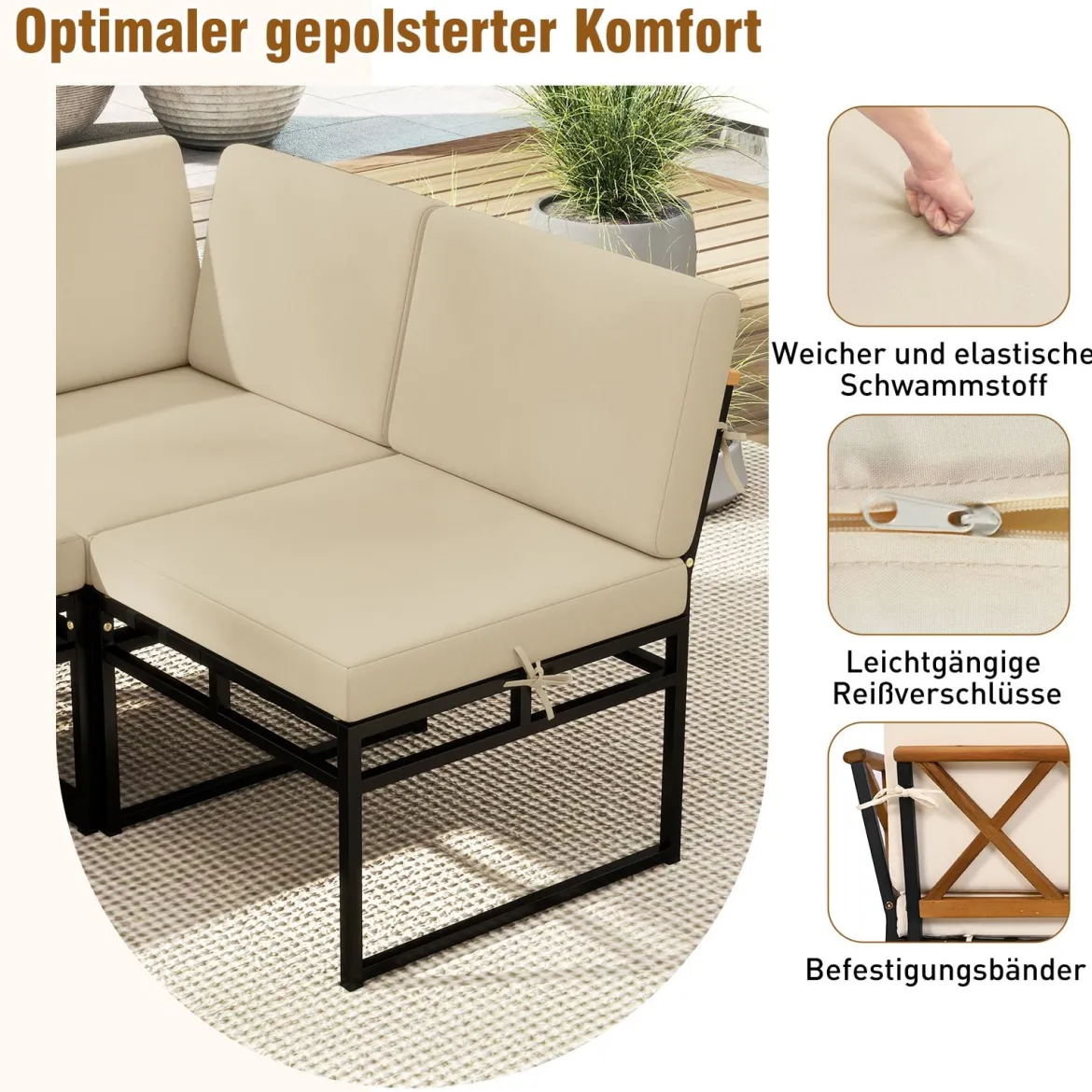 6-teilige Sitzgruppe Outdoor Gartensofa mit Metallrahmen Kissen & Bungee-Seil Sitz Beige