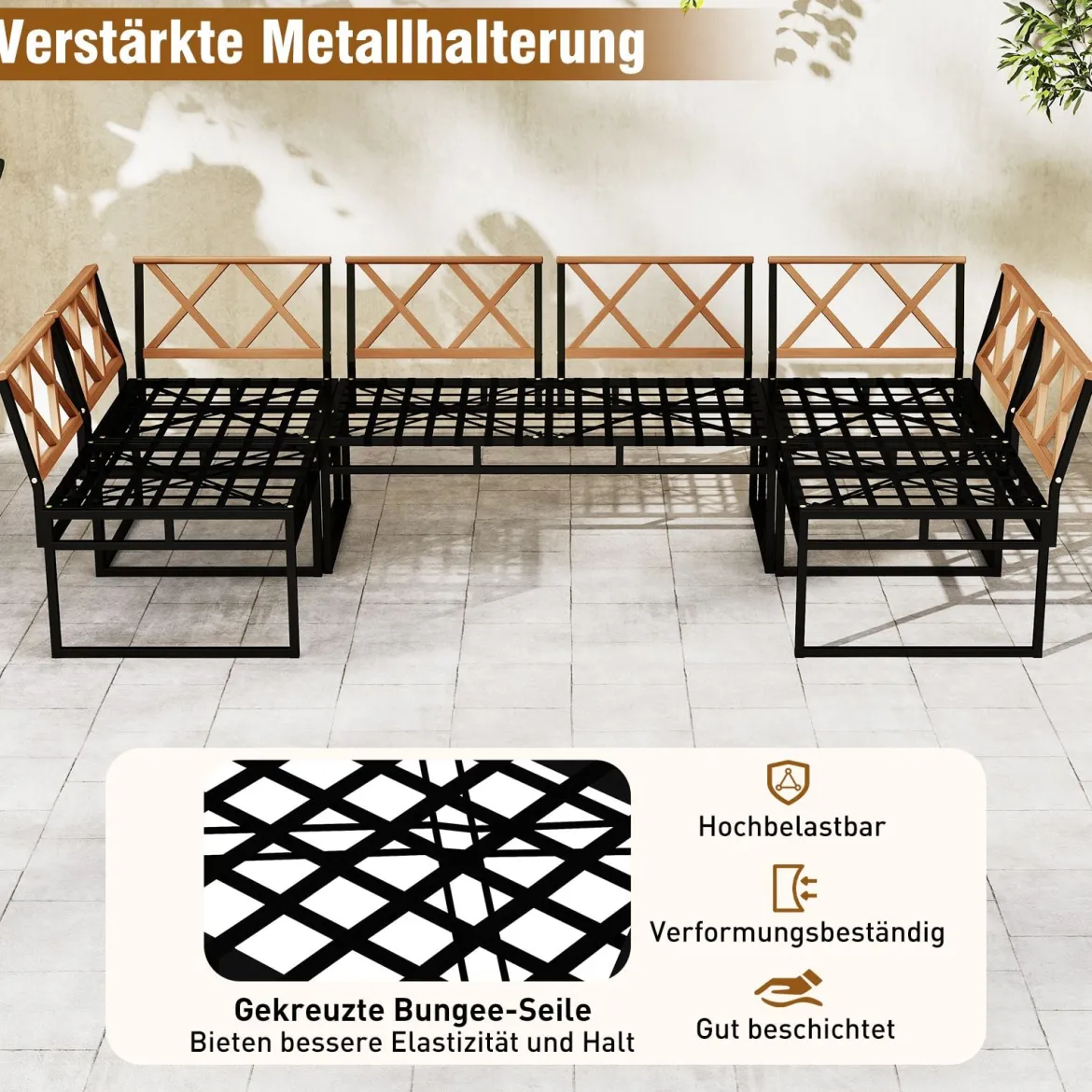 6-teilige Sitzgruppe Outdoor Gartensofa mit Metallrahmen Kissen & Bungee-Seil Sitz Beige
