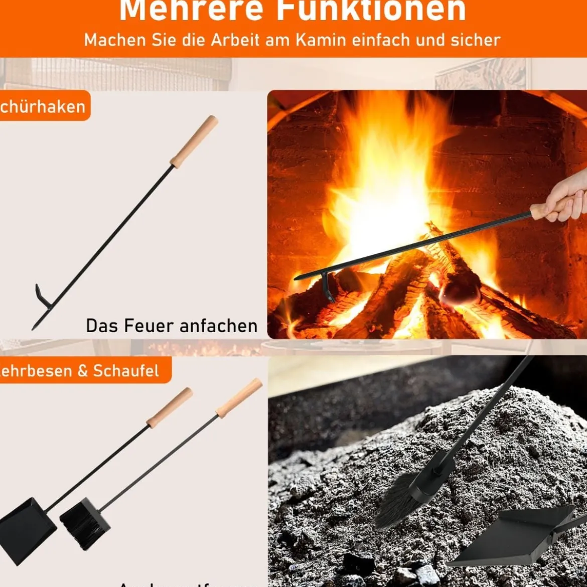 4-teiliges Kaminwerkzeug-Set robustes Metall-Feuerstellen-Kit mit Schürhaken Schaufel Bürste und stabiler Halterung Schwarz