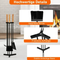 4-teiliges Kaminwerkzeug-Set robustes Metall-Feuerstellen-Kit mit Schürhaken Schaufel Bürste und stabiler Halterung Schwarz