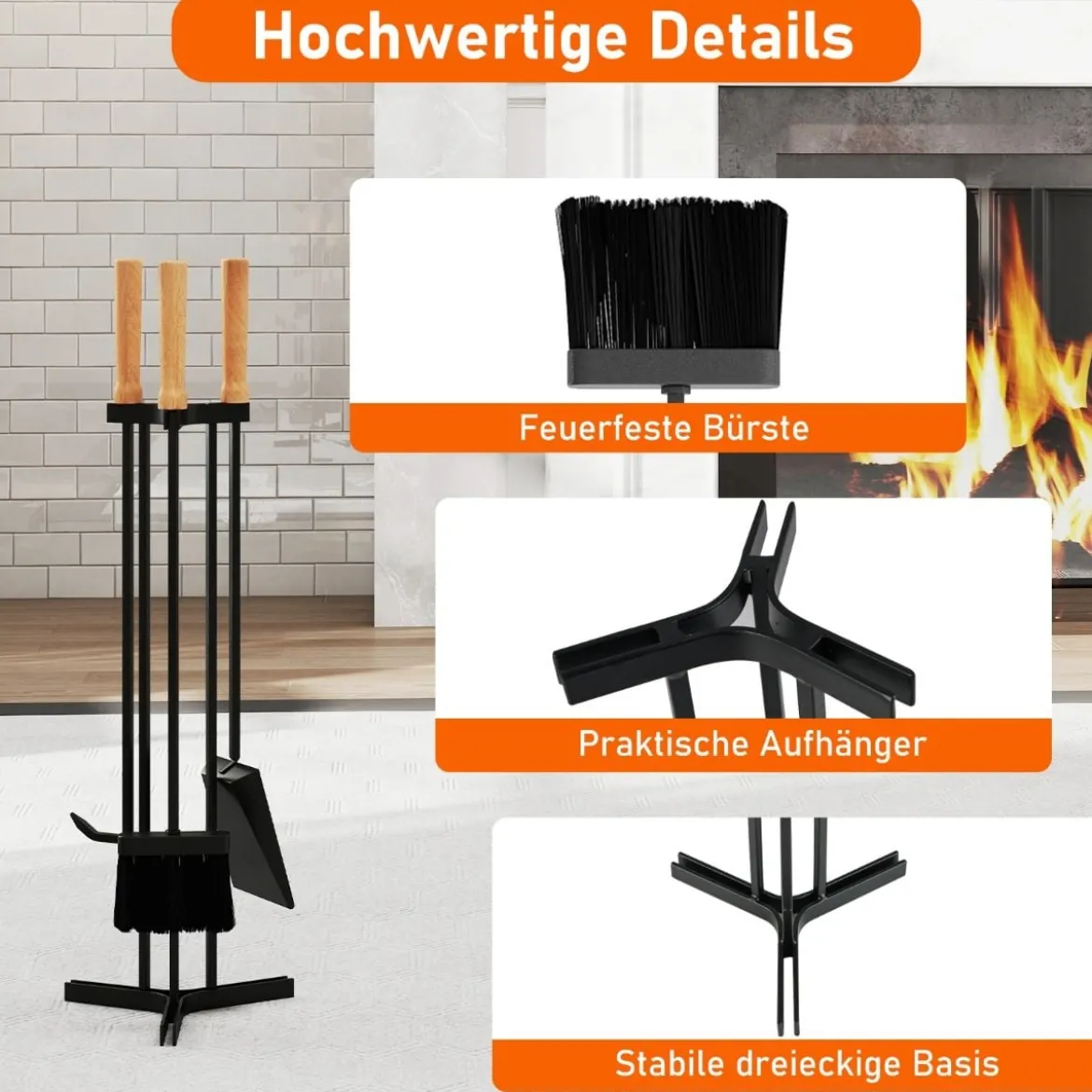 4-teiliges Kaminwerkzeug-Set robustes Metall-Feuerstellen-Kit mit Schürhaken Schaufel Bürste und stabiler Halterung Schwarz