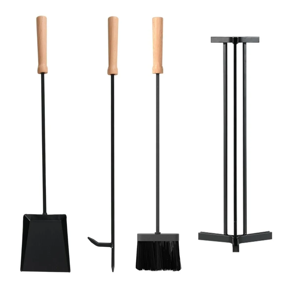 4-teiliges Kaminwerkzeug-Set robustes Metall-Feuerstellen-Kit mit Schürhaken Schaufel Bürste und stabiler Halterung Schwarz