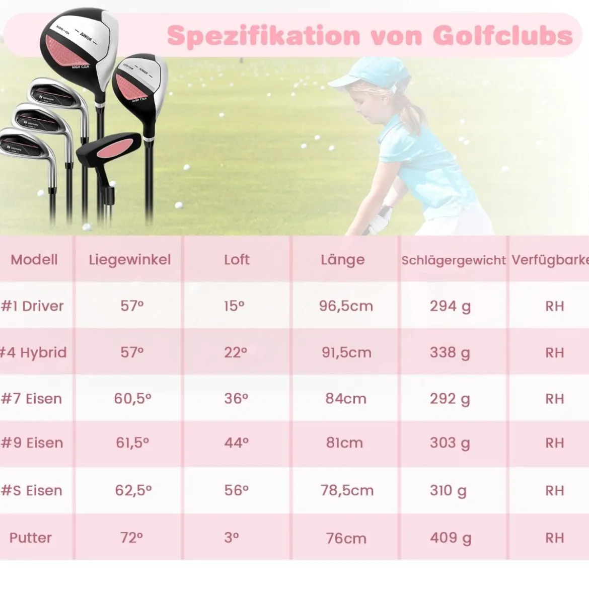 6-teiliges Kinder Golfschläger Set mit Golftasche & Regenhaube für Kinder von 11-13 Jahren Rosa