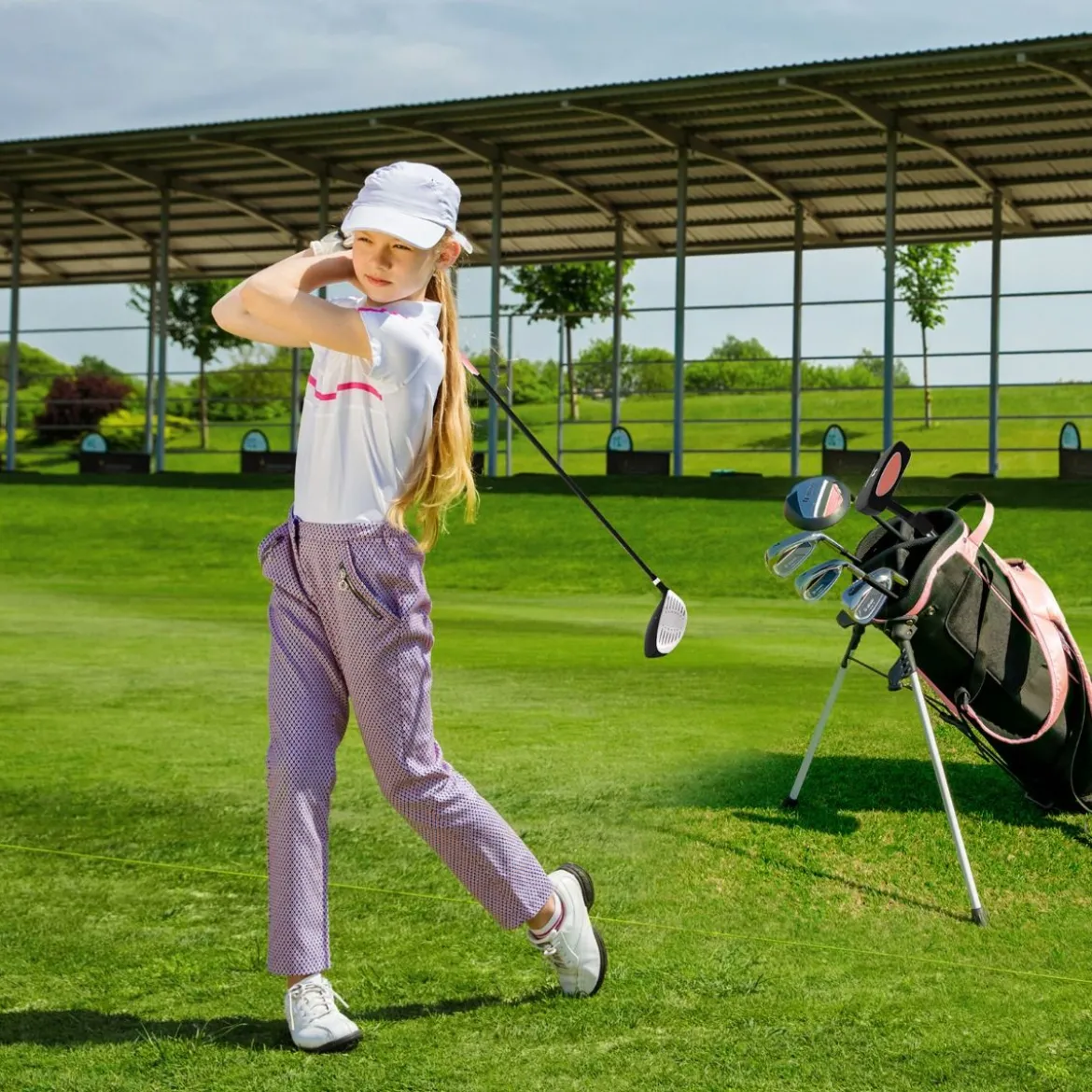 6-teiliges Kinder Golfschläger Set mit Golftasche & Regenhaube für Kinder von 11-13 Jahren Rosa