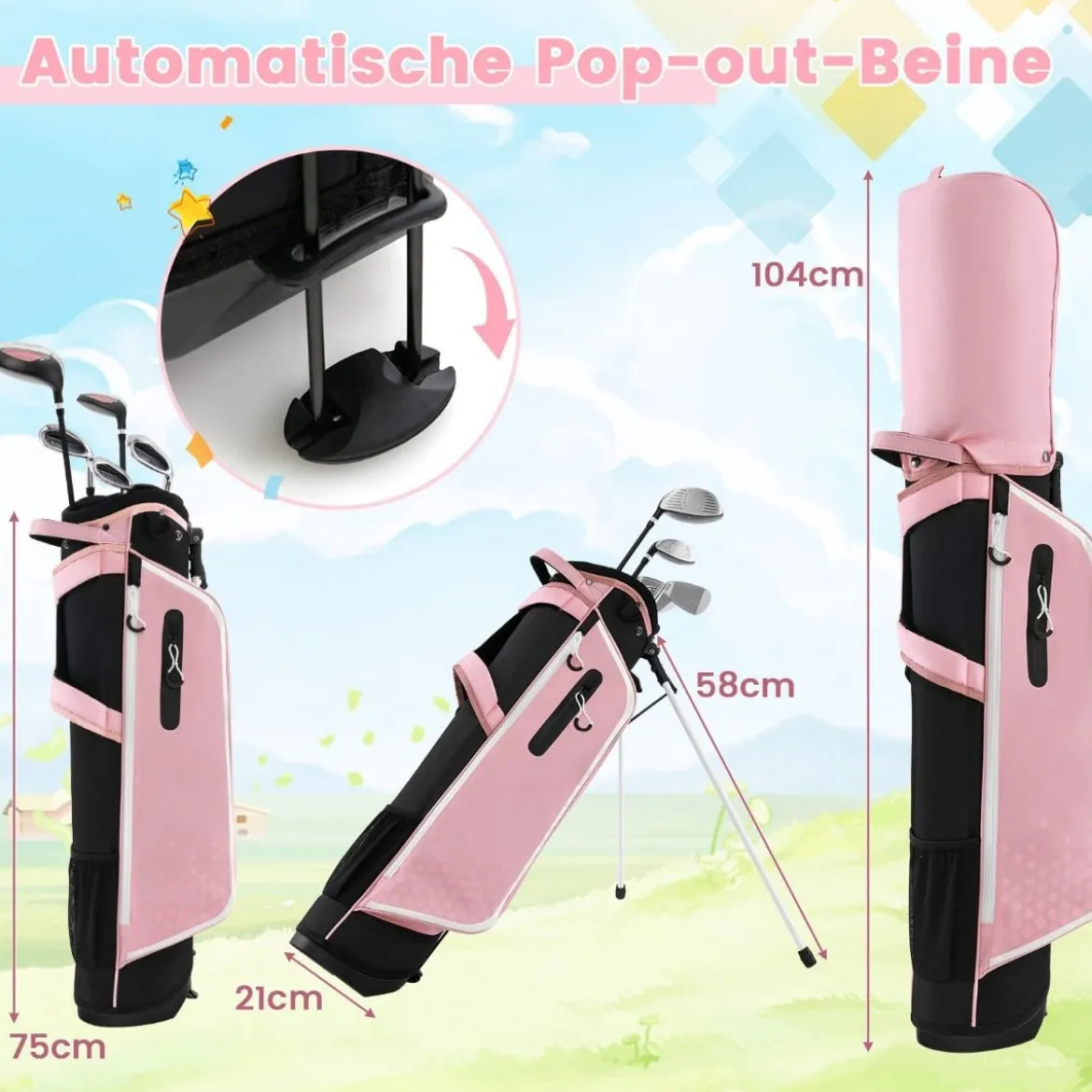 6-teiliges Kinder Golfschläger Set mit Golftasche & Regenhaube für Kinder von 11-13 Jahren Rosa
