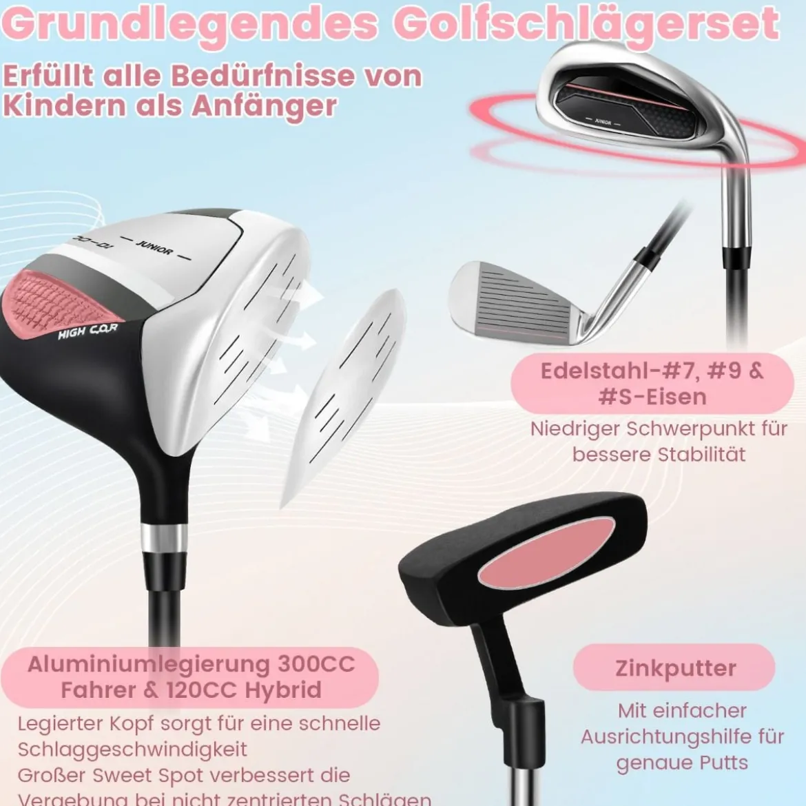 6-teiliges Kinder Golfschläger Set mit Golftasche & Regenhaube für Kinder von 11-13 Jahren Rosa