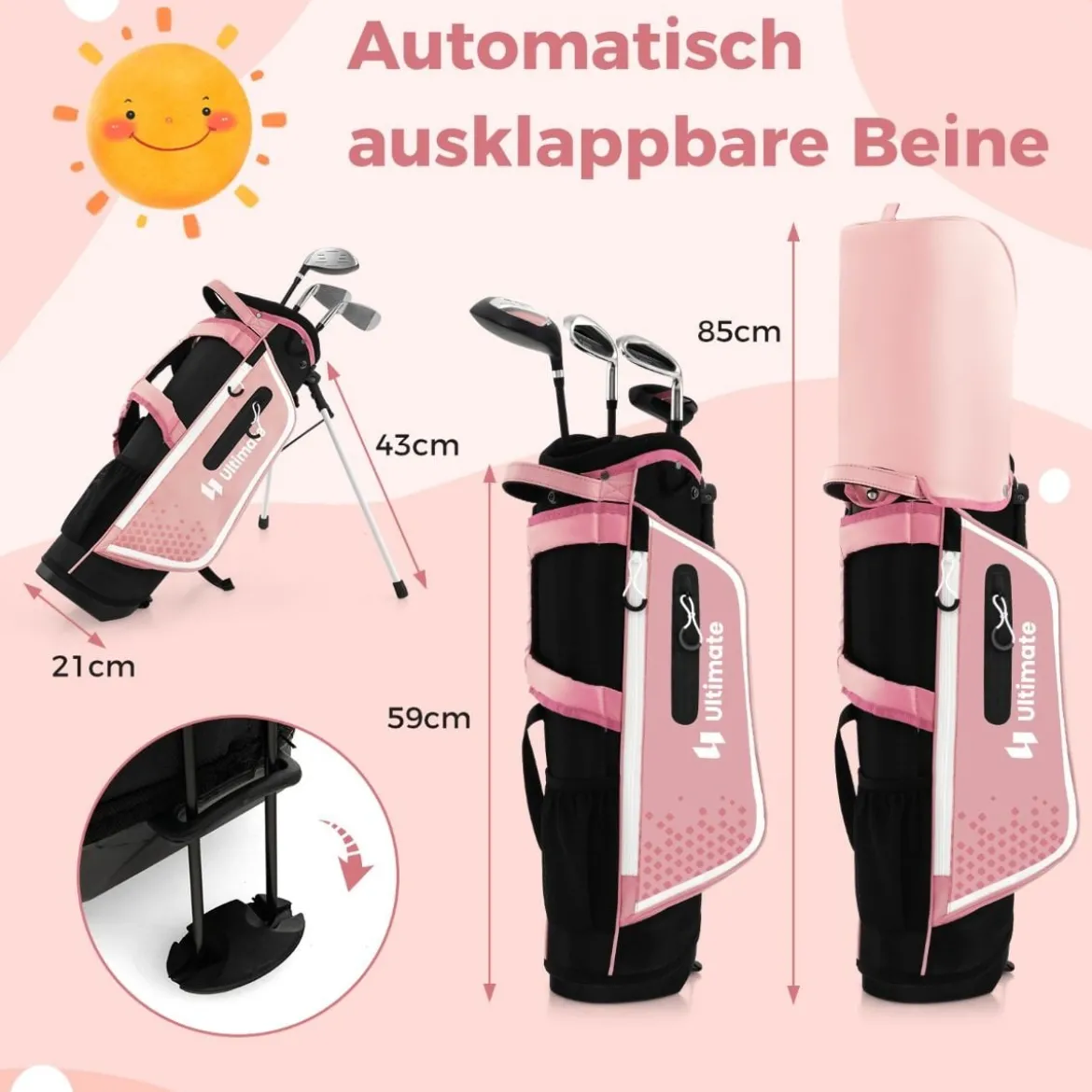 4-teiliges Kinder Golfschläger Set mit Golftasche & Regenhaube für Kinder von 5-7 Jahren Rosa