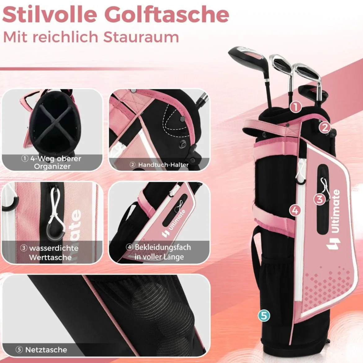 4-teiliges Kinder Golfschläger Set mit Golftasche & Regenhaube für Kinder von 5-7 Jahren Rosa