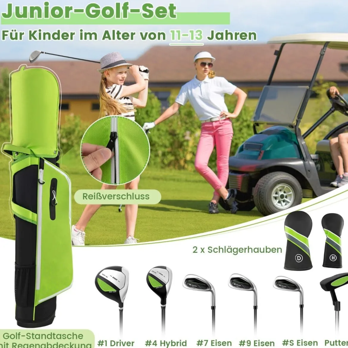 6-teiliges Kinder Golfschläger Set mit Golftasche & Regenhaube für Kinder von 11-13 Jahren Grün