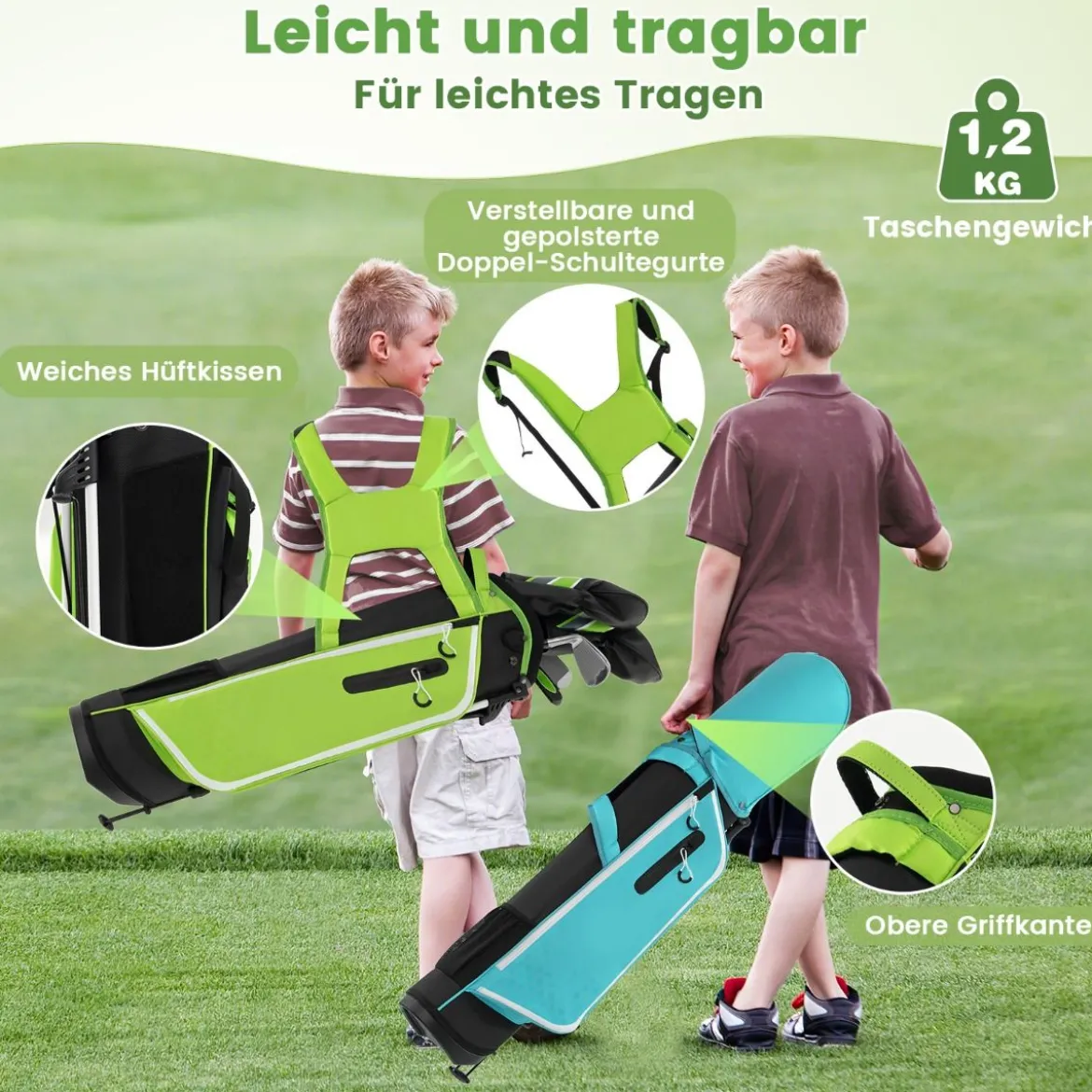 6-teiliges Kinder Golfschläger Set mit Golftasche & Regenhaube für Kinder von 11-13 Jahren Grün