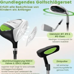 6-teiliges Kinder Golfschläger Set mit Golftasche & Regenhaube für Kinder von 11-13 Jahren Grün