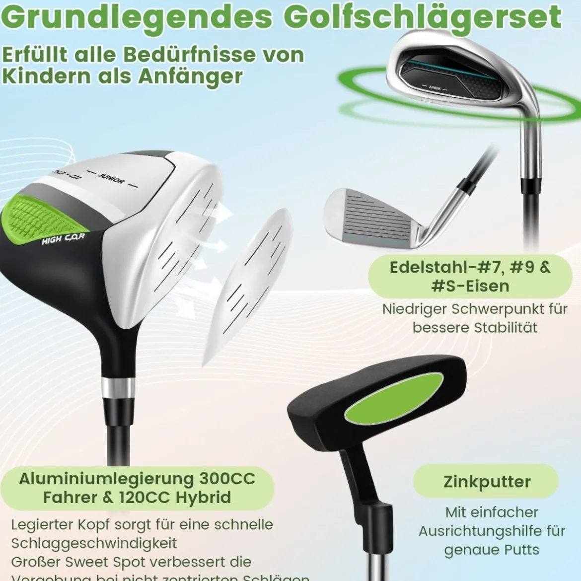 6-teiliges Kinder Golfschläger Set mit Golftasche & Regenhaube für Kinder von 11-13 Jahren Grün