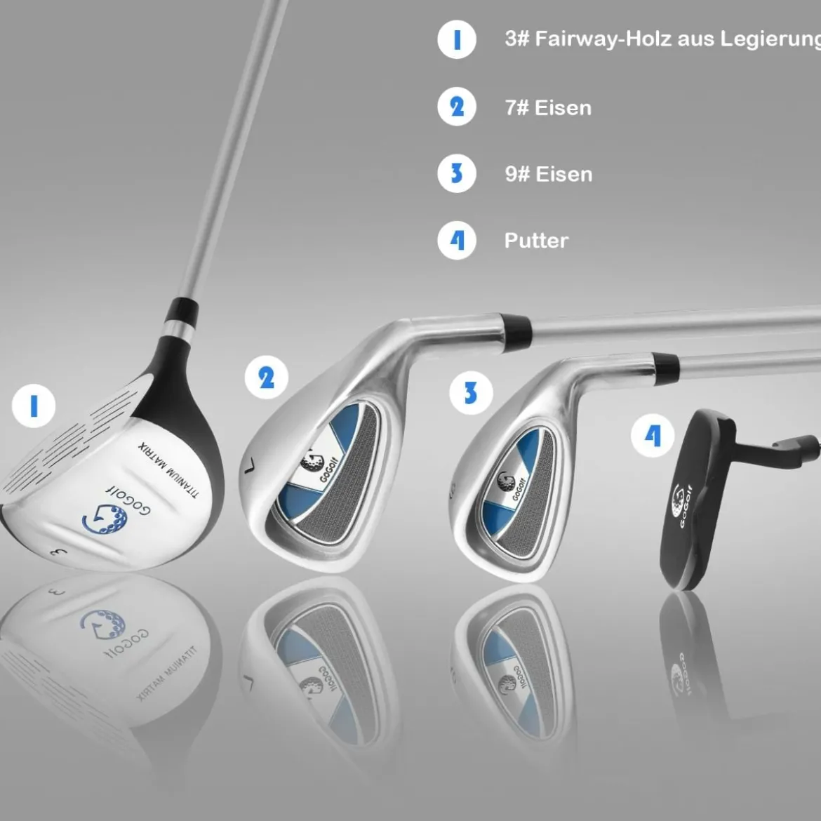 5-teiliges Kinder Golfschläger Set mit Fairway HolzEisen 7, 9 & Putter mit Standtasche für Junior von 8-10 Jahren