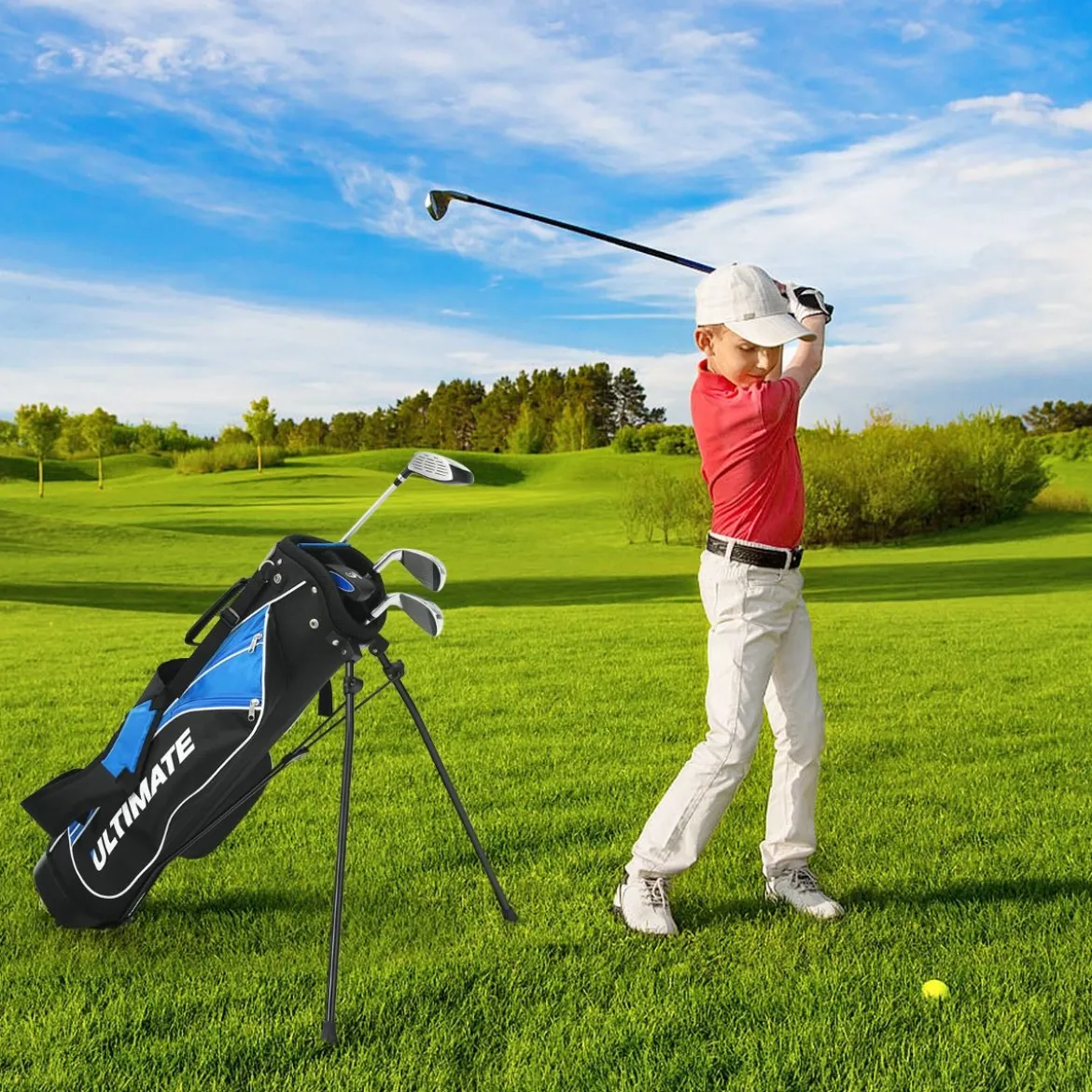 5-teiliges Kinder Golfschläger Set mit Fairway HolzEisen 7, 9 & Putter mit Standtasche für Junior von 8-10 Jahren
